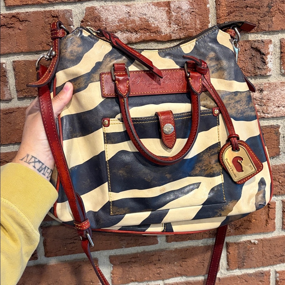 Dooney & Bourke Giraffe Print Florentine Vacchetta Leather Red Trim Shoulder Bag
